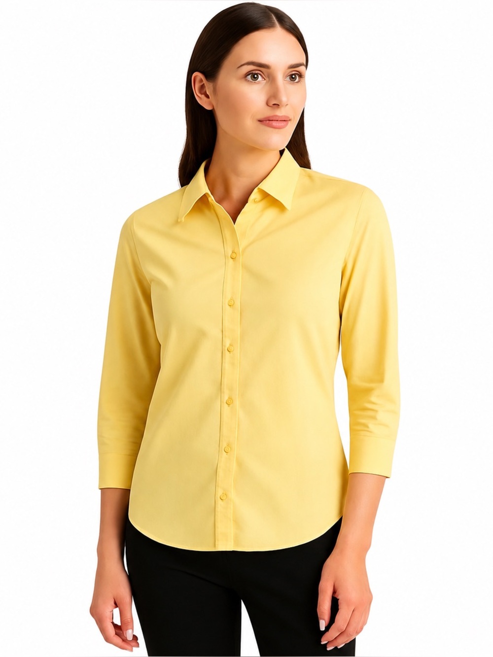 Van Heusen Yellow Stretch 3/4 Sleeve Button Front Blouse Women’s Medium